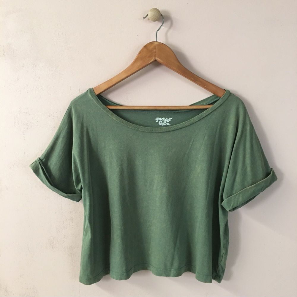 Vintage Planet Gold Olive Green Cuffed Sleeve Semi Cropped Shirt Size S GUC